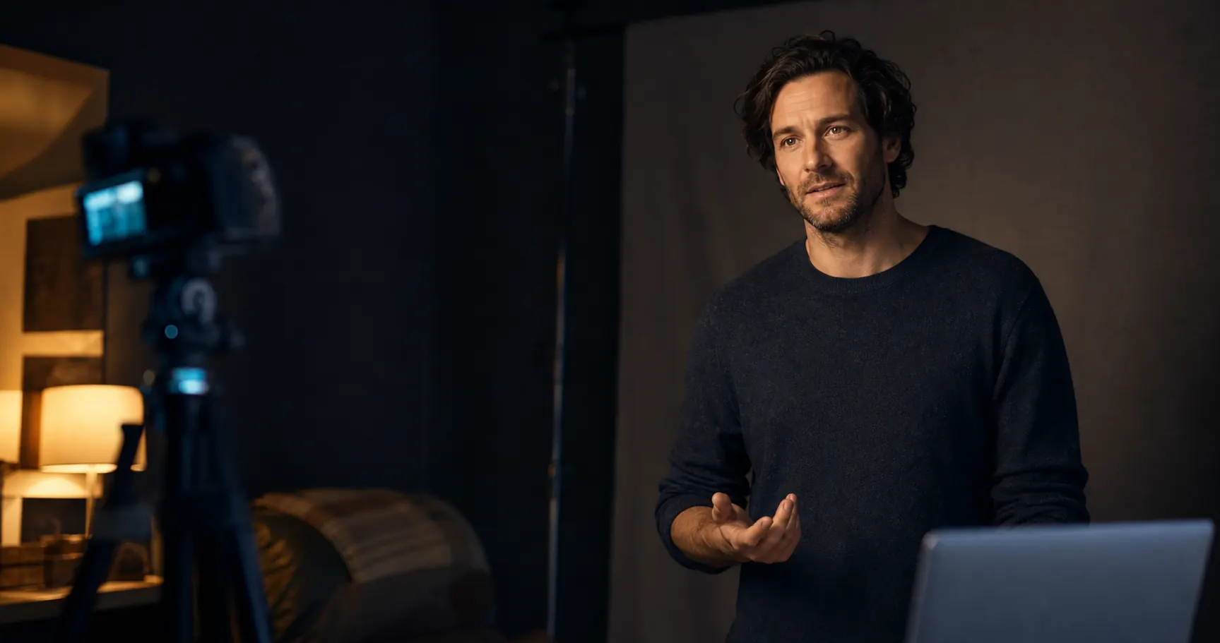 An actor performing in a focused home self-tape setup